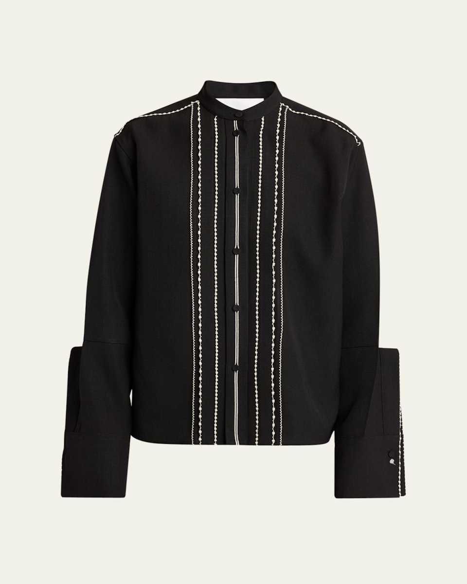 Embroidered Trim Button Down Blouse